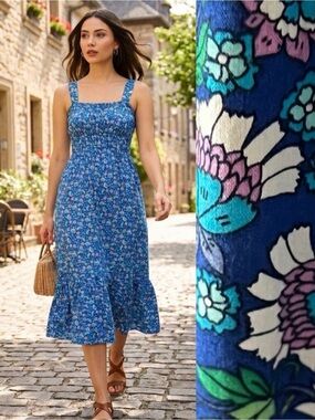 LOFT Sundress Retro Floral Print Smocked Waist Ruffle Hem Blue Prairiecore XL